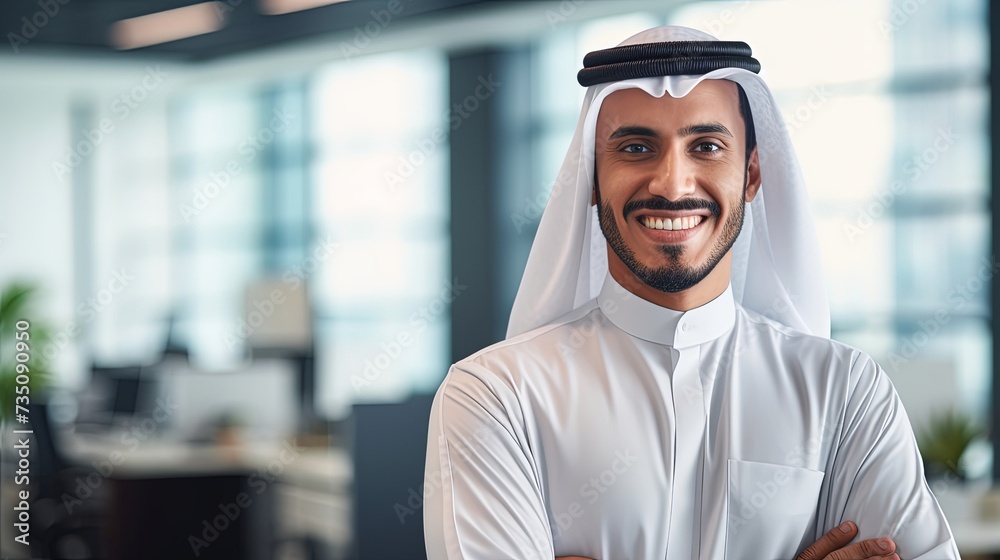Young arab man smiling confident standing with arms crossed gesture at office Young arab man smiling confident standing with arms crossed gesture at office