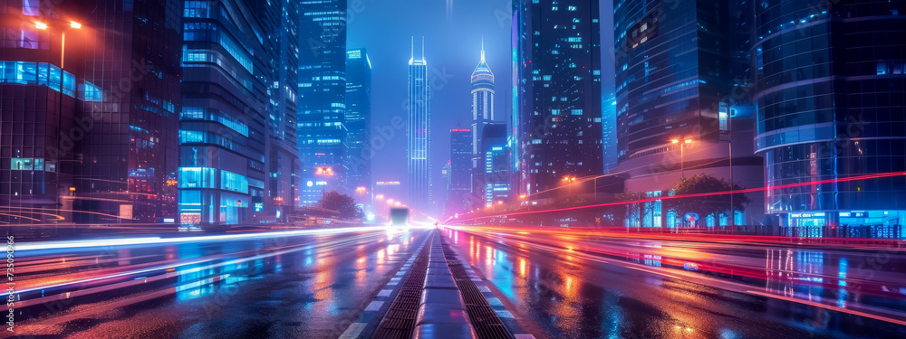 Futuristic cityscape with vibrant neon lights at night.
