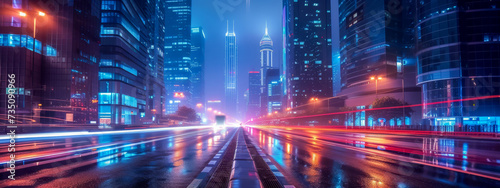 Futuristic cityscape with vibrant neon lights at night. 