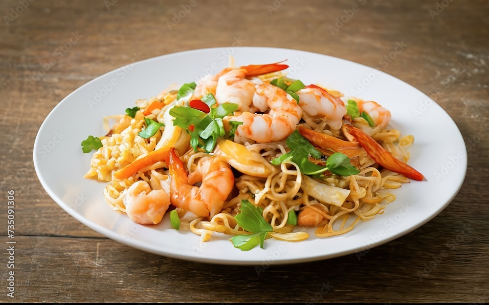 Stir fried noodles with prawn and shrimp in plate or Pad Thai