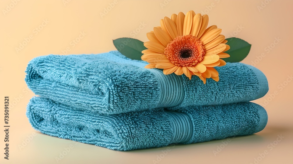 Stack of blue towels with a fresh orange gerbera daisy on top. home comfort and spa essentials in a warm setting. soft texture and gentle colors for relaxation. AI