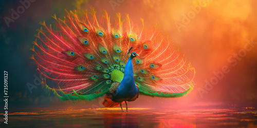 Indian Male Peacock colorful photo, bright red background, large animal, beautiful tail