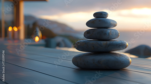 An artful composition of balanced stones in a tranquil setting, symbolizing harmony and equilibrium, evoking a sense of calm and relaxation. photo