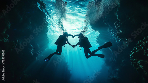 Couple of scuba divers set out on an underwater adventure. two divers underwater, bottom view. holding hands