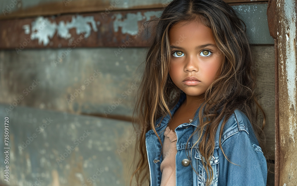 A multiracial little girl with long hair leans against a wall in this photography portrait.