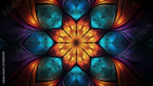A colorful stained glass window with a orange and blue mandala abstract background
