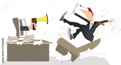 Businessman working at office computer desk. Hand with megaphone. Hand with megaphone rising from office computer desk. Frightened businessman falling down from the armchair 
