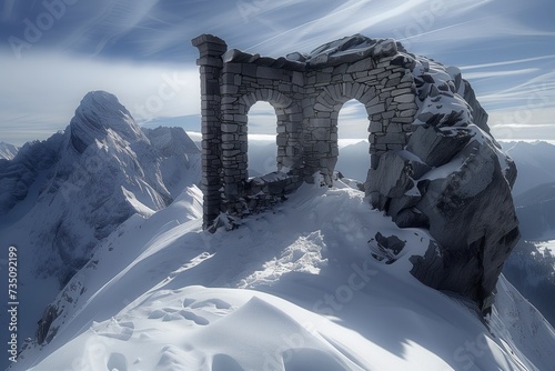 Amidst the wintry landscape, a ruined stone arch stands atop the snow-covered mountain, its icy surroundings and cloudy sky evoking a sense of timelessness and resilience in the face of nature's hars