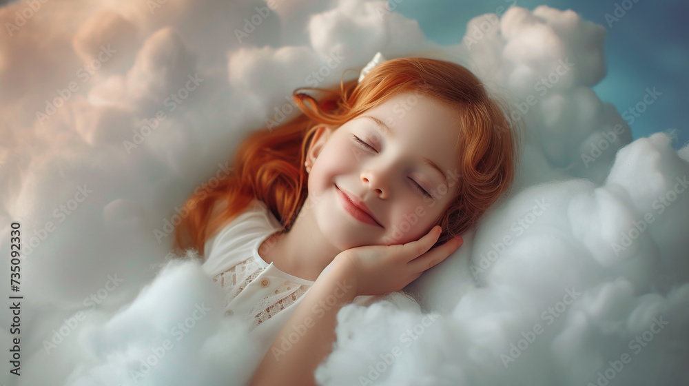 Little girl with ginger hair lying on the cloud.
