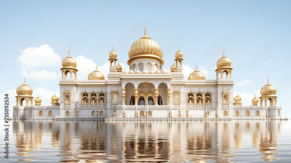 Golden sikh gurudwara and reflection in water on a sunny bright day. Punjabi holy temple artwork. 
