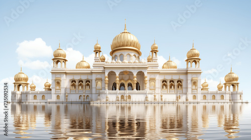 Golden sikh gurudwara and reflection in water on a sunny bright day. Punjabi holy temple artwork.  photo