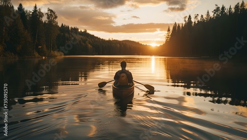 Serene kayaking at sunset  person paddling on calm waters against forest backdrop. outdoor adventure. AI