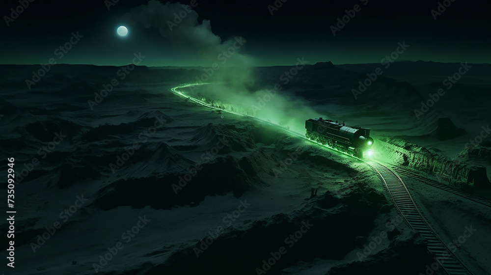 Train on the railway in heavy snow storm at night. Passenger train moves on the railway in winter. stones, mountains, green light, smoke from a steam locomotive, top view