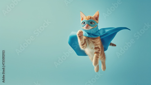 Cute Orange Tabby Kitty with a Blue Cloak: Meet the Superhero Cat. © MdArif