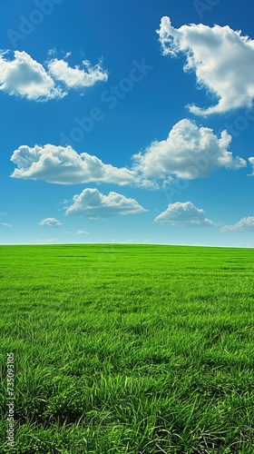 Beautiful green meadow and blue sky with clouds.