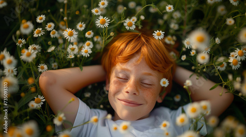 Little boy with ginger hair lying on the field with chamomile.