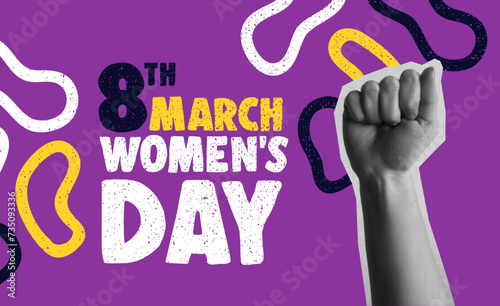 Women Day 8th March power hand gesture retro collage vector illustration