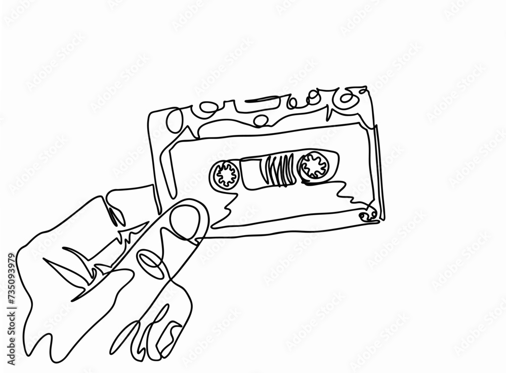 Fototapeta premium Continuous line hand drawn of hand grabbing a vintage tape cassette isolated on white background, Vector Illustration