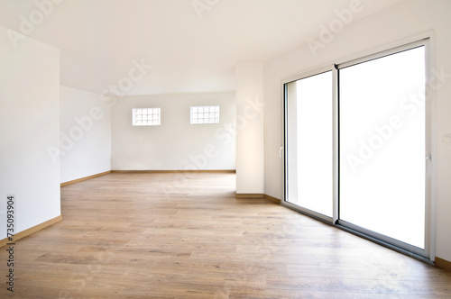 Interior of an empty new modern house or appartment, home with large bay sliding windows, view isolated on transparent background, png file photo