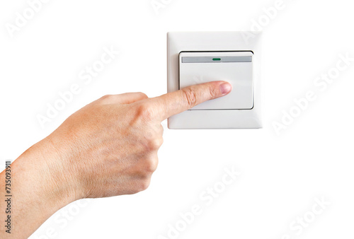 Hand with finger on light switch isolated on transparent background, png file © Delphotostock