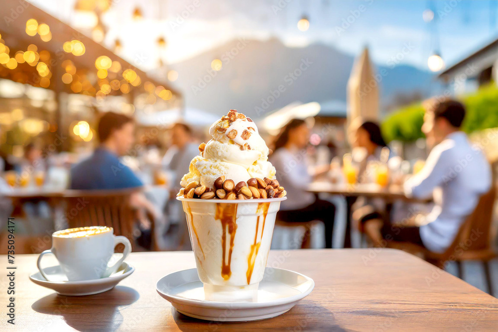 Eisbecher mit Nüssen im Hintergrunde in Eiscafé 