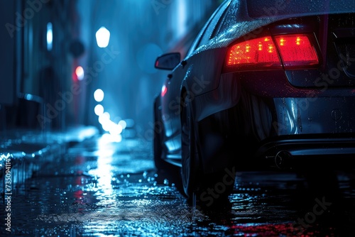 Escape car. Midnight road or alley with a car driving away in the distance. Wet hazy asphalt road or alley. crime, midnight activity concept. photo