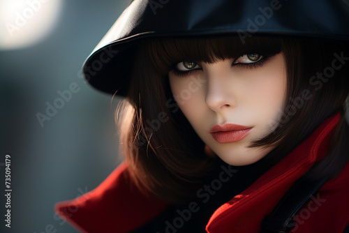 Generative ai collage image of girl in black suit dressed as serious spy wealthy millionaire from thriller movie