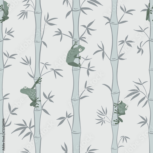 Fototapeta Naklejka Na Ścianę i Meble -  Seamless vector pattern with playful frogs hiding in a bamboo forest, sogr gray colors, japandi