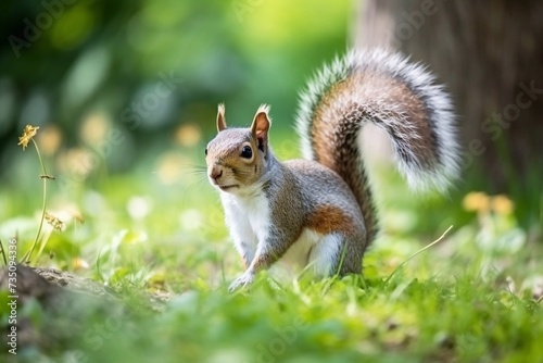 Charming and wild gray squirrel in the summer city park on the grass