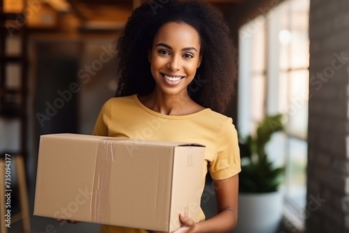 Cheerful Afro woman hugging carton parcel, receiving long awaited delivery, getting online order indoors. Satisfied female customer empracing her internet purchase in cardboard package © Ирина Курмаева