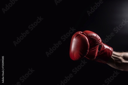 The hand of a muscular pumped-up boxer and a punching bag on a black background