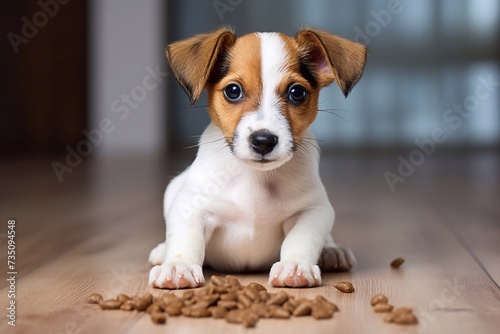Jack Russell Terrier puppy eating fresh dry dog ​​food for small puppies