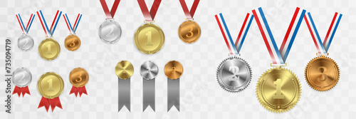 Set of gold, bronze and silver. Award medals isolated on transparent background. Vector illustration of winner concept.	
