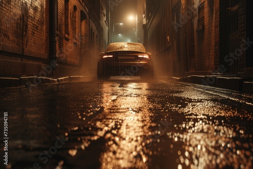 Escape car. Midnight road or alley with a car driving away in the distance. Wet hazy asphalt road or alley. crime, midnight activity concept.