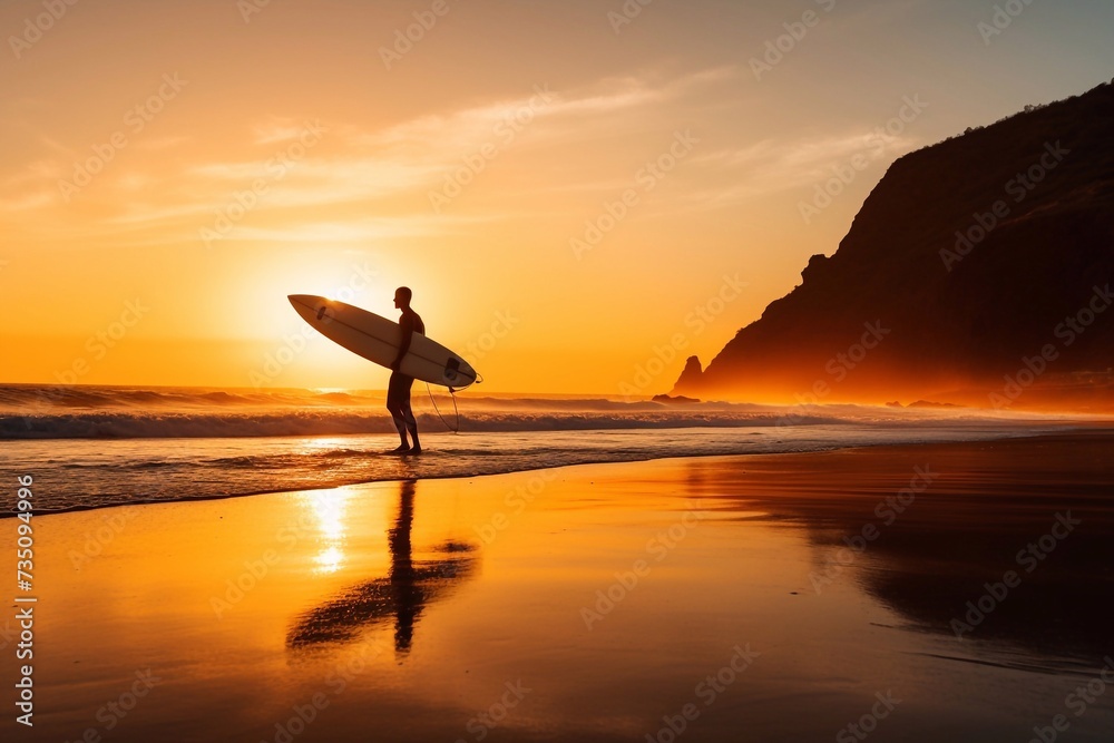 Silhouette man surfer in sunset light running down beach with surfboard near waters edge enjoying summer time practice hobby during getaway vacations