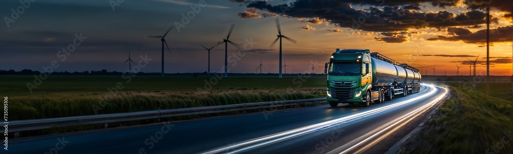 Electric truck speeding along sunset highways, eco-conscious transportation, green energy delivery solutions, rapid logistics, wind turbines in background, website header, copy space. Generative AI