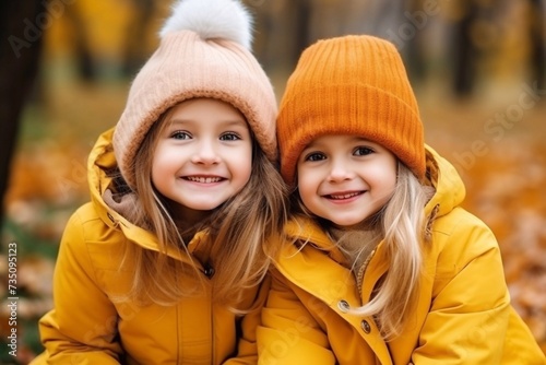 Two cheerful twin girls in yellow jackets in Autumn Park