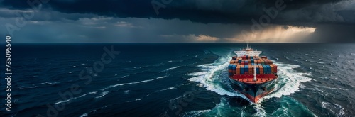 Large cargo vessel's stern in stormy ocean, import-export containers, resilient delivery, maritime logistics, website header, copy space. Generative AI
