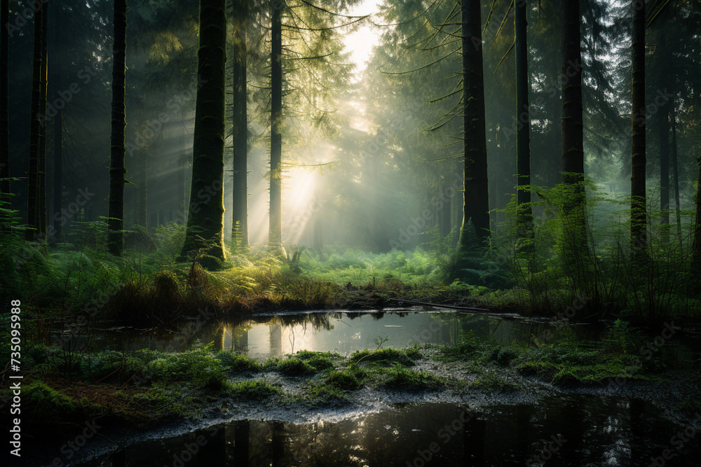 Fototapeta premium Sunlight in the morning green misty European forest made with generative AI