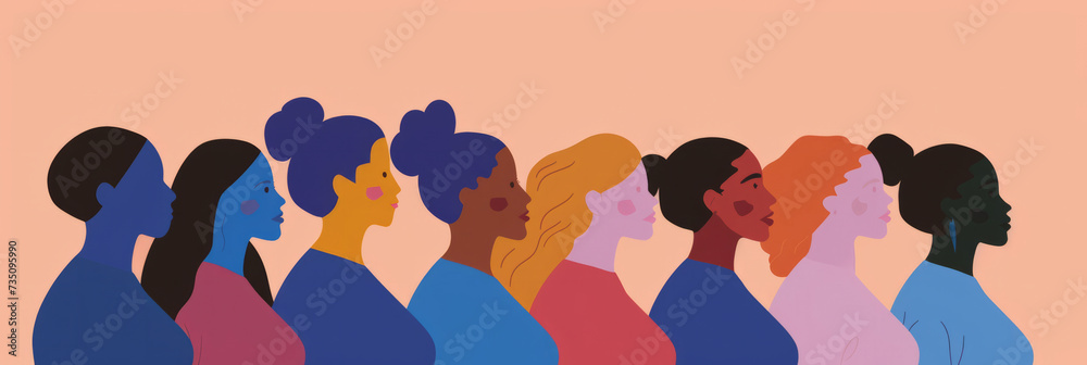 Diversity, freedom and equality with a group of woman together in a crowd or illustration as a poster. Peace, community or human rights with an image of different people and women on a color backdrop Diversity, freedom and equality with a group of woman together in a crowd or illustration as a poster. Peace, community or human rights with an image of different people and women on a color backdrop