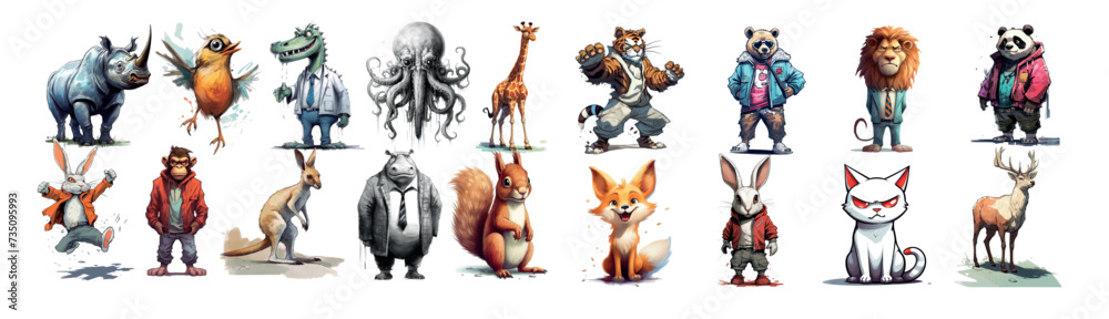 Whimsical Collection of Animated Animals: Winged Rhinoceros, Long-Legged Bird, Alligator in Suit, Octopus, Giraffe with Glasses, Tiger in Pants, Bears, Unidentified Creature, Foxes, Kangaroo - obrazy, fototapety, plakaty 