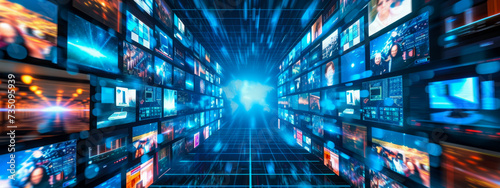 Futuristic wall of media screens with dynamic blue lighting.
