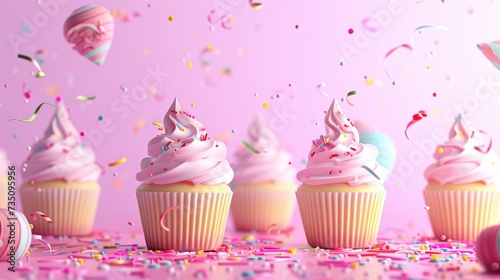 The image features an array of beautifully decorated cupcakes with swirling white and pink icing  topped with vibrant rainbow sprinkles. They are neatly arranged on a flat surface with a pastel pink b