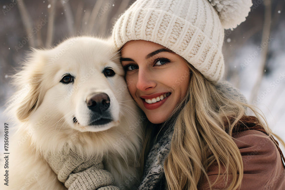 Photo of happy female person with best friend fluffy dog in forest generative AI Photo of happy female person with best friend fluffy dog in forest generative AI