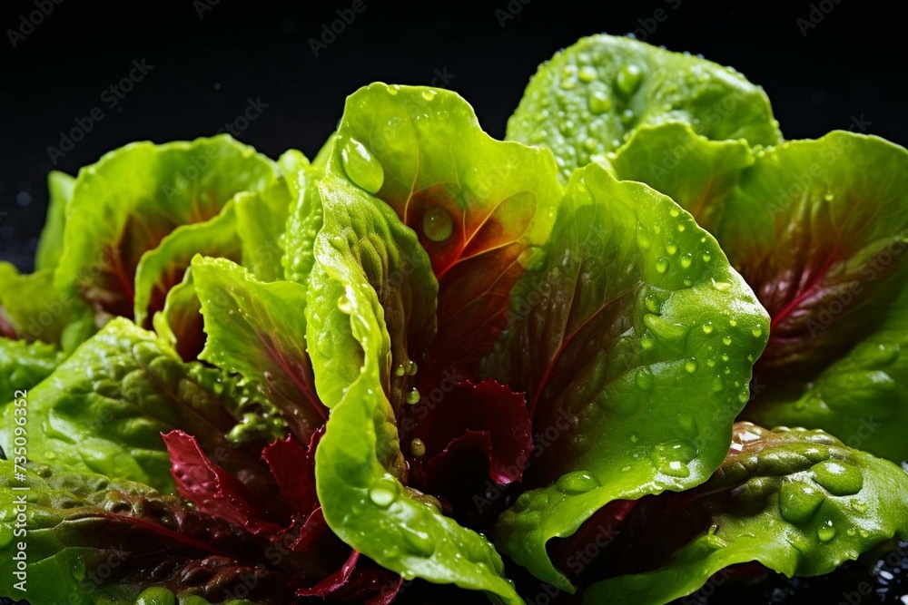 Vibrant lettuce with water droplets on dark background. Generative AI - obrazy, fototapety, plakaty 