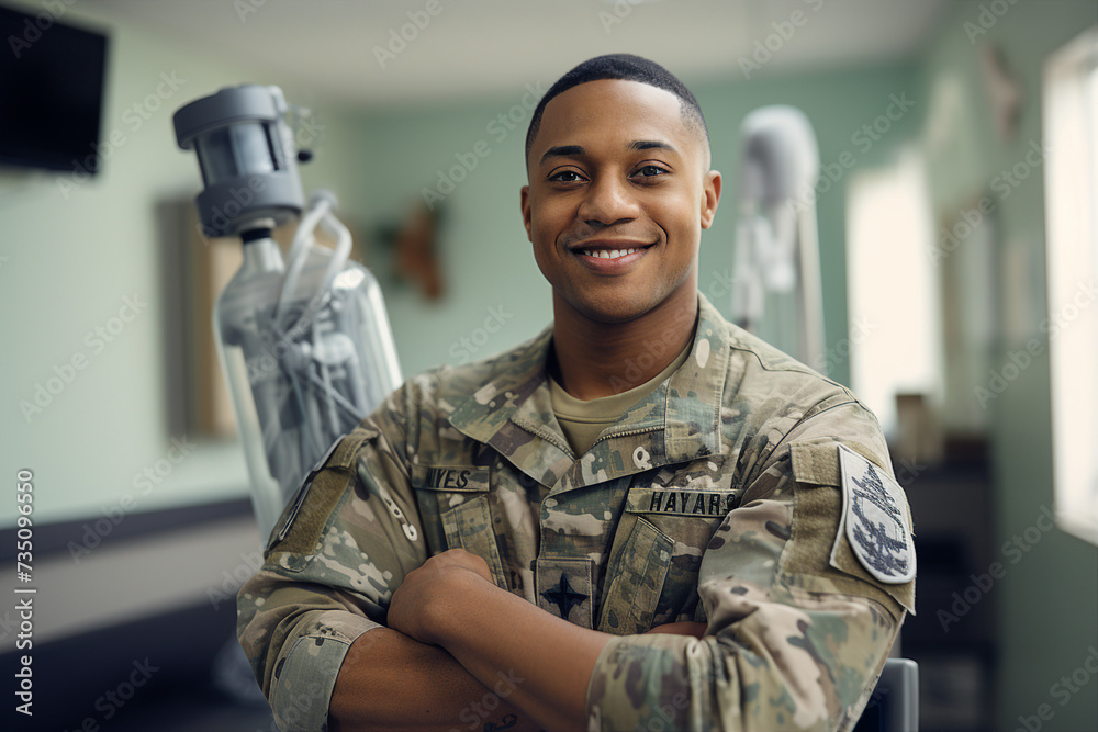 Generative AI illustration of an armed soldier in uniform on mission against aggression at foreign country Generative AI illustration of an armed soldier in uniform on mission against aggression at foreign country