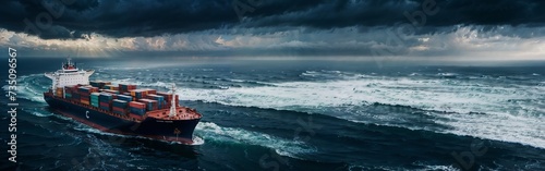 Cargo ship stern braving stormy seas, import export containers, resilient delivery, maritime logistics concept, website header, copy space. Generative AI photo