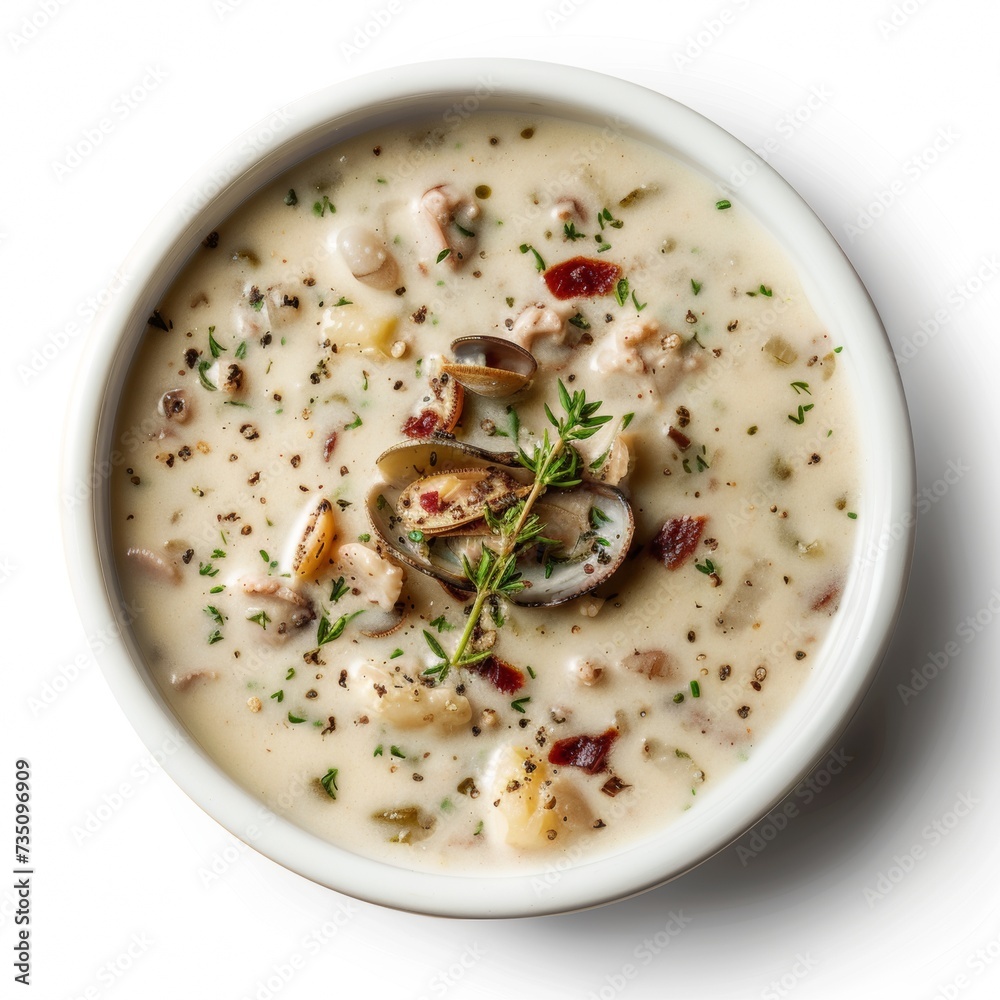 Top View Classic Clam Chowder with Fresh Herbs in White Bowl on White Background