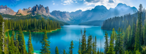 Panoramic view of a tranquil mountain lake and forest. 