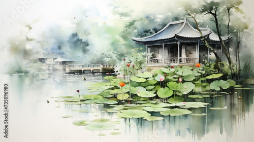 Waterside pavilion with lotus flowers, Chinese Ink wash painting